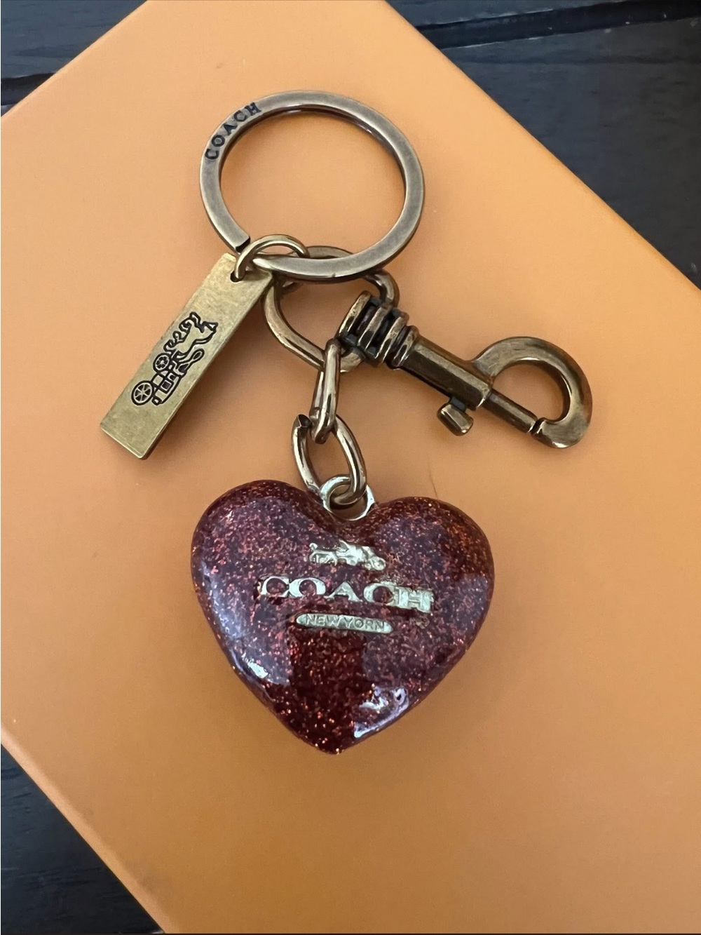 COACH Burgundy Glitter Heart Key Ring with Brass Hardware